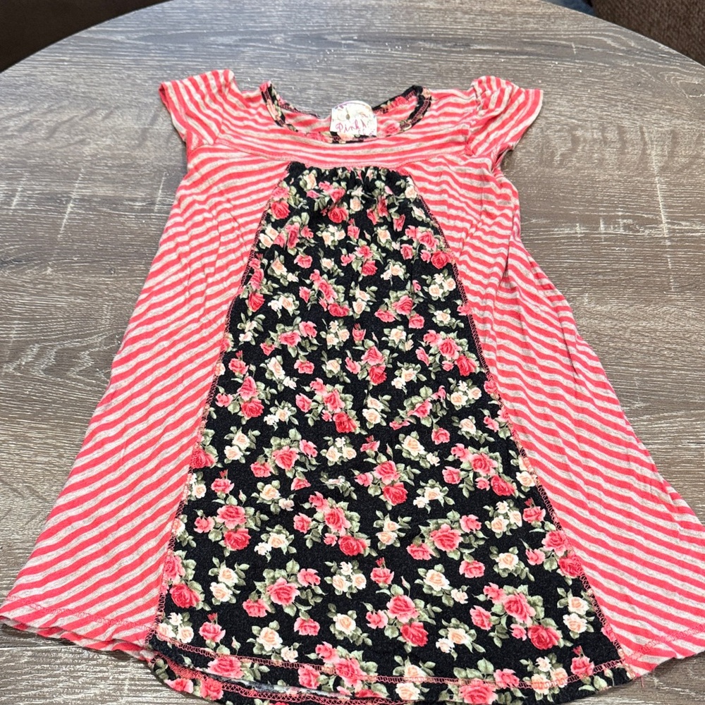 Charming Kids Floral and Striped Dress - Pink and Black